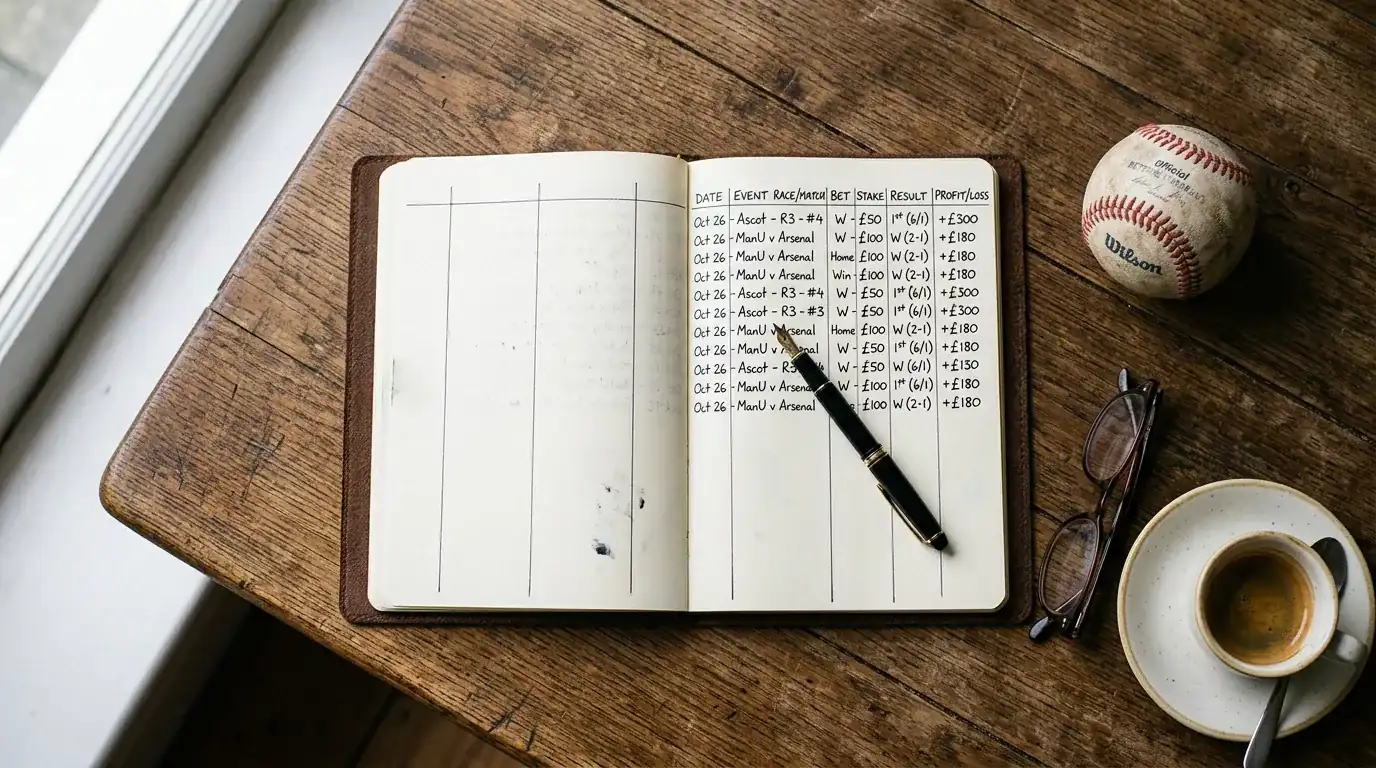 Open notebook with handwritten betting log entries beside a pen, illustrating disciplined bankroll tracking for MLB home run props