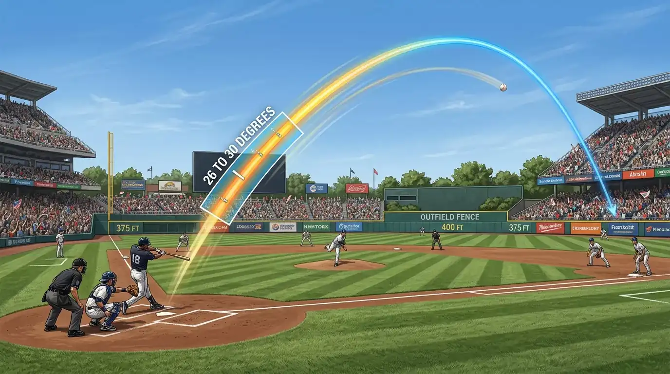 Illustration of a baseball trajectory arc with the 26 to 30 degree sweet-spot zone highlighted.