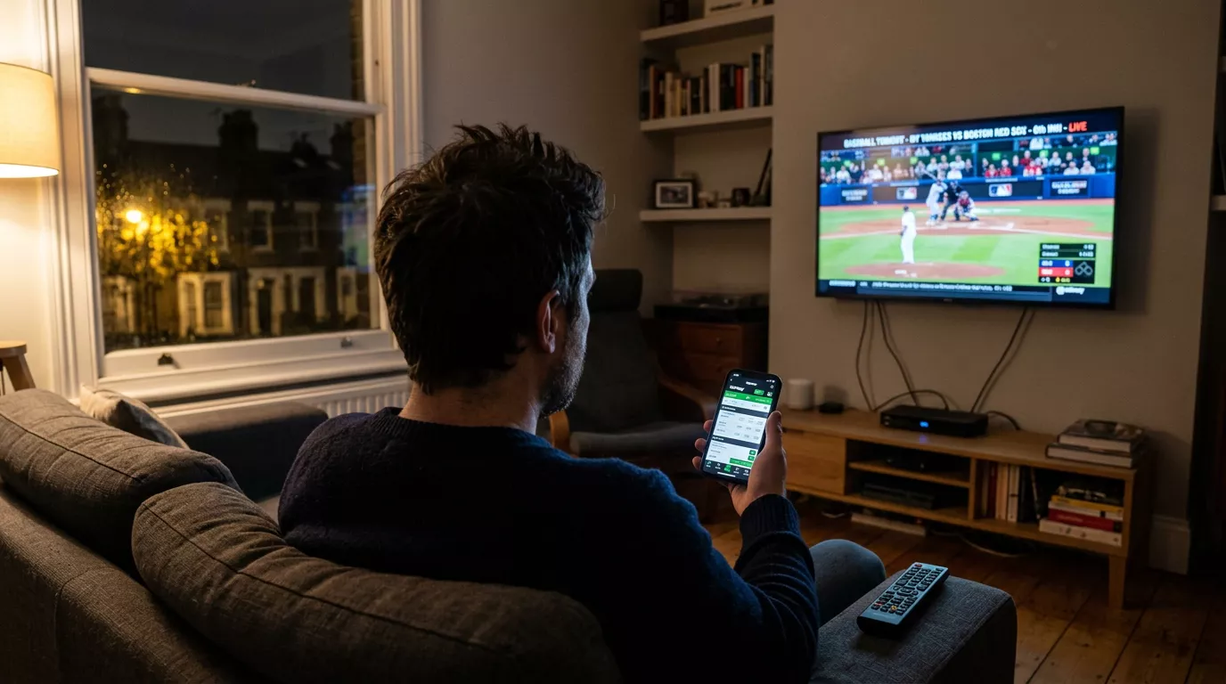 British punter studying an MLB matchup on a laptop late at night in a London flat, illustrating UK time-zone betting on American baseball